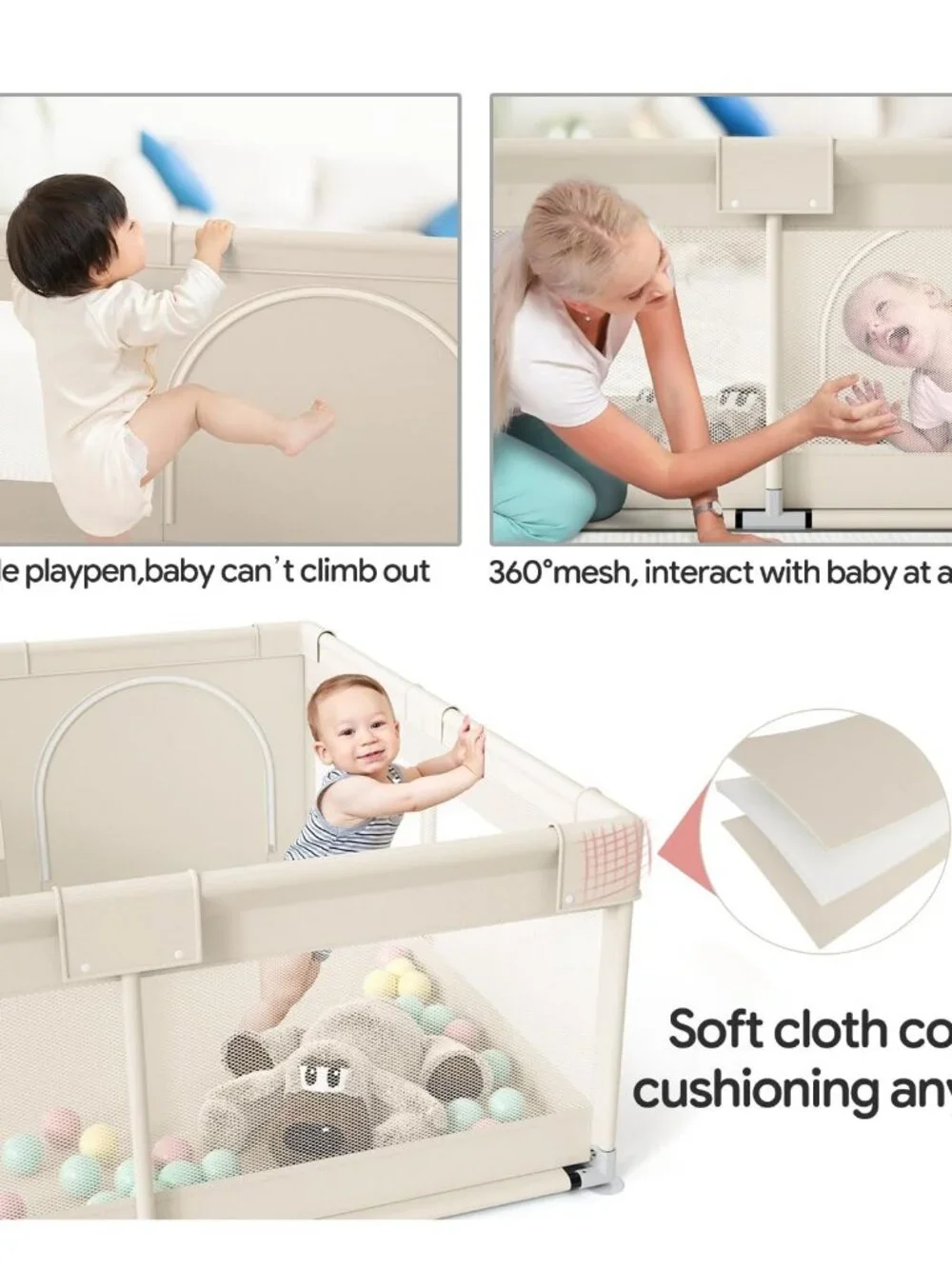 Beige Baby Playpen 47in x 47in x 26in Soft Mesh Safety Fence